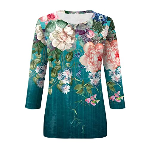 HTHLVMD Womens 3/4 Length Sleeve Tops 2025 Fall Fashion Floral Print Crewneck Causal Trendy Tunic Tops for Women