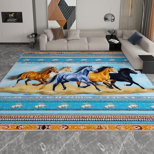 Generisch Teppich Wohnzimmer Traditionell Retro Tiermotiv Pferd - Waschbarer Teppich Flur Küche Esszimmer Für Kinder & Haustiere Geeignet, Super Weich rutschfest Flauschig 60 X 90 cm Hellblau