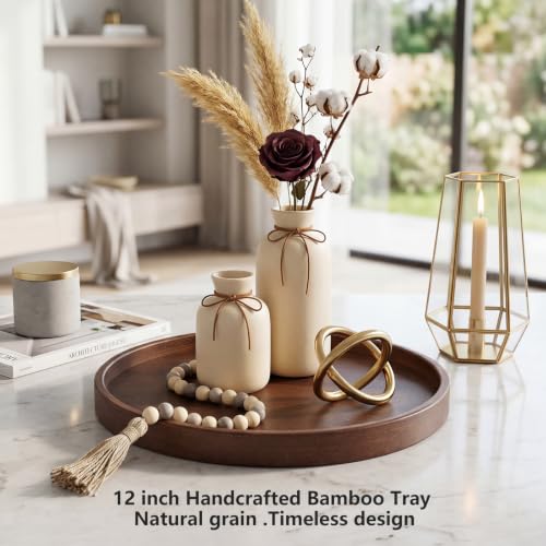 Round Bamboo Tray, 12 Inch Decorative Serving Tray with Walnut Finish Coffee Table Tray, Natural Bamboo Ottoman Tray for Vanity, Snacks, Vanity, Entryway & Home Decor - Image 3