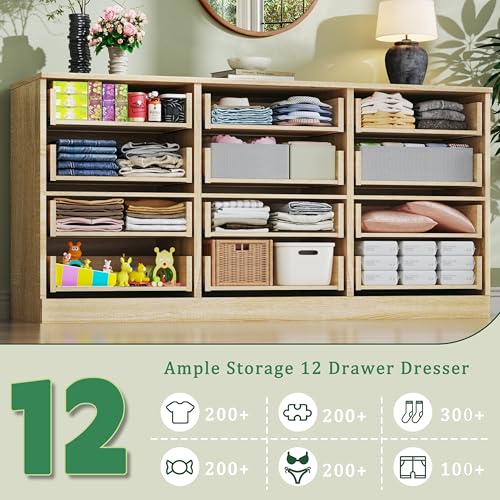 Image of 60 Inch 12 Drawer Dresser for Bedroom, Long Mid Century Modern Dressers, Wood Vintage Chests of Drawers TV Stand up to 65 inch, Large Storage Organizer for Bedroom, Closet, Entryway, Natural