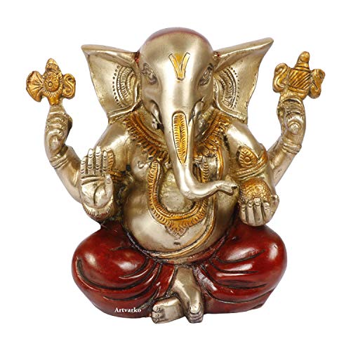 ARTVARKO Ganesha - Estatua de latón hecha a mano religiosa ganpati sentada, escultura exclusiva de ídolo con acabado multicolor para decoración del hogar y la oficina, regalo de devolución, Pooja