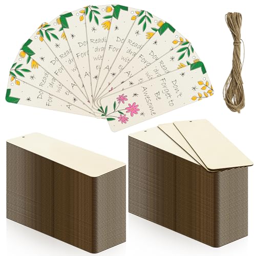 Jyongmer 50 Sets 6 x 2 Inch Large Size Wooden Bookmarks with Hole and Ropes, Unfinished Wood Bookmark...