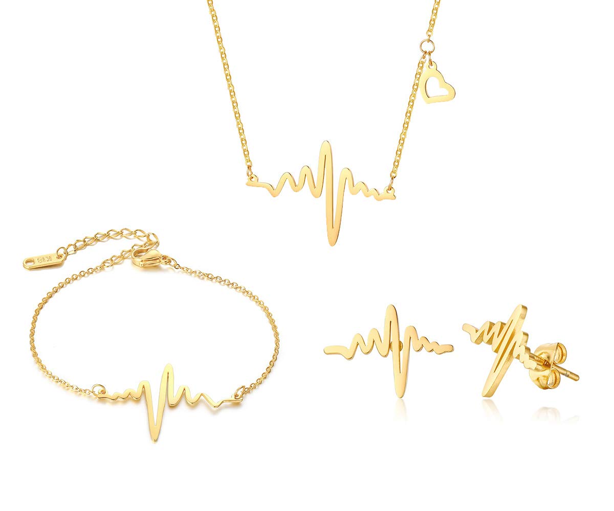 Gold Plated EKG Actual Heartbeat Earring &Bracelet&Necklace 3 Pack Set Cute Life Line Cardiogram Gift for Women Girls