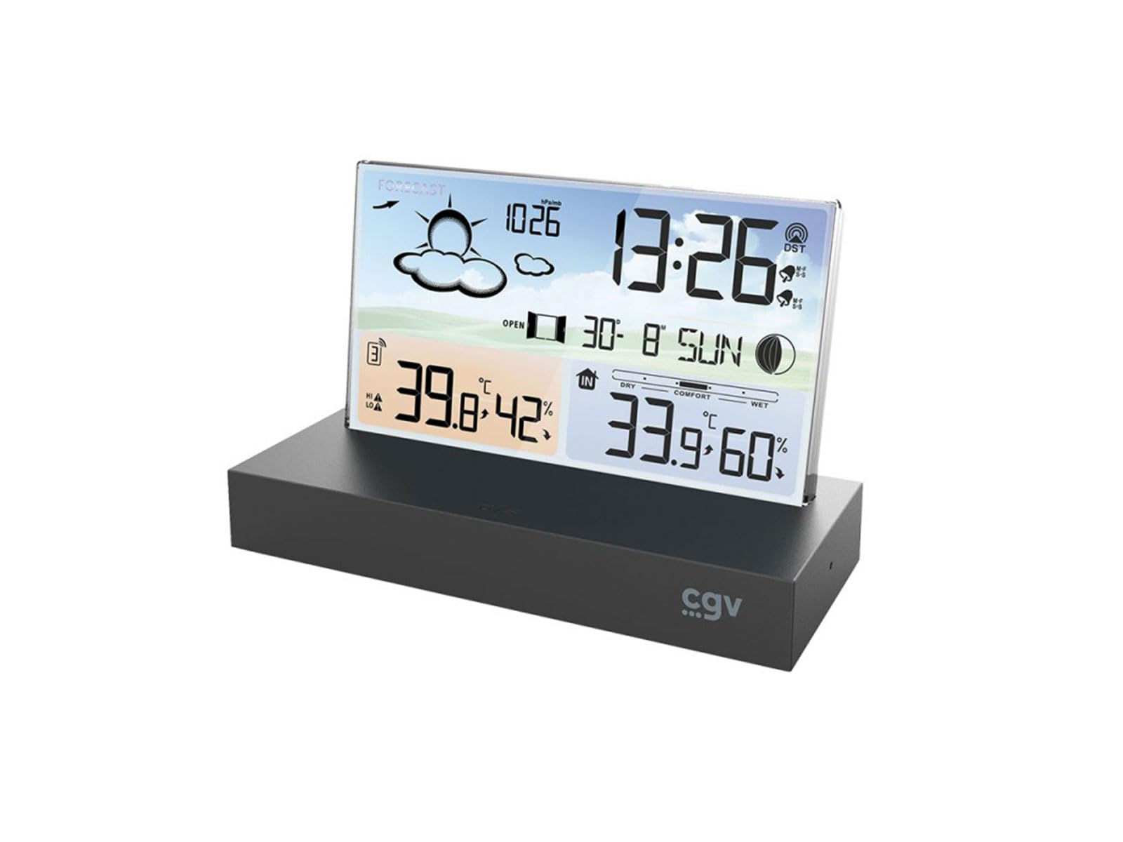 Stazione meteo a schermo piatto METEOFLEX digitale wireless con sensore esterno, igrometro & termometro, fasi lunari e avviso neve, aggiornamento automatico data e ora.