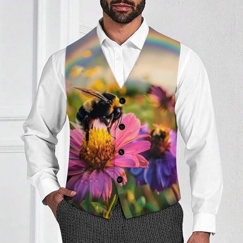 _Bee Impressionism Rainbow Men's Suit Vest Waistcoat Vests Formal Dress with 2 Pockets for Business Casual Tuxedo2