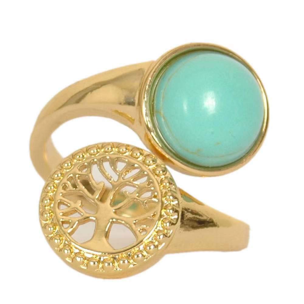 Tree of Life Round Natural Stone Gemstone Healing Crystal Statement Anniversary Cocktail Party Adjustable Ring Jewelry Gift for Women Girl