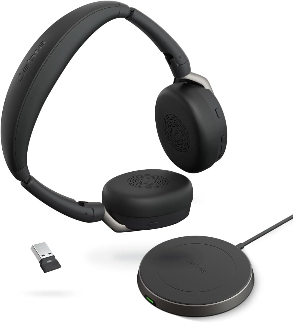 Evolve2 65 Flex Stereo Headset with Bluetooth, Wireless Charging Pad - Noise-Cancelling ClearVoice Technology & Hybrid Active Noise Cancellation - Certified for Microsoft Teams - Black