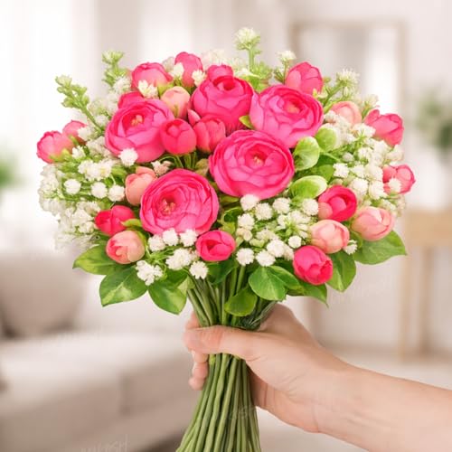 Image of Divyakosh Artificial Peony Flower Bunch for Vase | Real Touch Faux Flowers with Gypsophila & Green Leaves | Decorative Fake Flowers for Home Living Room Bedroom Office Table Decor (VASE NOT Included)