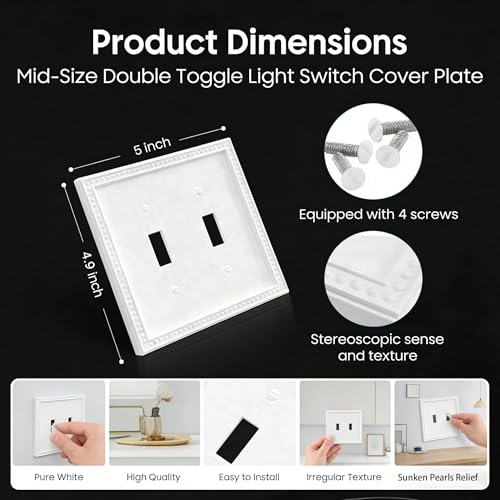 Image of EFTV 10 Pack Mid-Size Toggle Light Switch Wall Plates 2-Gang Switch Electrical Cover Plate Unbreakable Thermoplastic Faceplate, Classic Beaded Relief Design, White