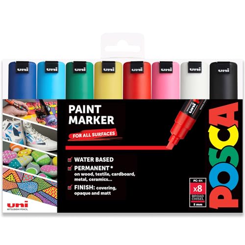 Posca - PC-8K – Marqueurs peinture – Pointe biseautée de 8 mm – Lot de 8 dans un coffret cadeau (assortiment assorti)