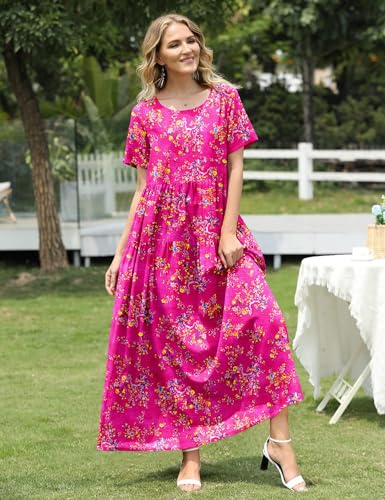Image of YESNO Women Casual Loose Bohemian Floral Dress with Pockets Short Sleeve Long Maxi Summer Beach Swing Dress EJF