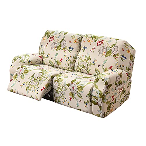 PENDEJATO Stretch Loveseat Recliner Covers, 6-Piece Soft Spandex Recliner Slipcovers Printed Recliner Sofa Covers Furniture Protector with Pocket (Flower 01, Loveseat)