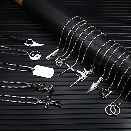 FIASASO 12Pcs Stainless Steel Pendant Necklace for Men Cool Goth Necklace Funky Gothic Cross Dog Tag Yin Yang Triangle Pendant Chain Necklace Set Black & Silver Tone …2