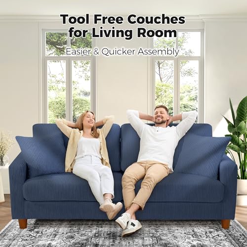 Image of Kidirect 70in L Shaped Couch, Modular Sofa No Tool Assembly, Comfy Sectional Couches for Living Room 21in Deeper Seats, Corduroy Sofas for Living Room with 2 Pillows, Loveseat Sofa Set, Blue Couch