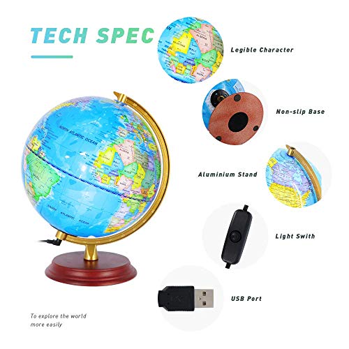 Illuminated Globe Lamp of The World with Stand - Size 8" - Globe for Kids Globe lamp Geographic Globe with LED Light Illuminated 2-in-1 Desktop World Globe Discovery Educational World Globe.