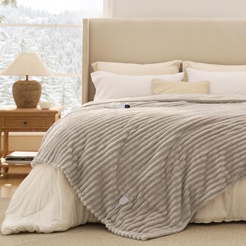 Image of Bedsure Heated Blanket Full Size - Thick Striped Fast Heating Electric Blanket with Preheat Function, 6 Heat & 6 Timer (Up to 10H), 8H Auto Off, ETL Certified, Gift for Grandma (72 inchx84 inch, Linen)