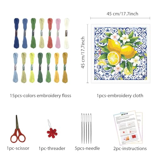 Image of FREEBLOSS 11CT Lemon Stamped Cross Stitch Kits Embroidery Kits with Instruction Cross Stitch Wall Hanging Kit for Needlepoint Adults Wall Art Decoration 18x18in /45x45cm