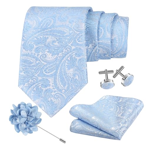 TASTION Mens Light Blue Paisley Ties for Men Classic Wedding Necktie and Lapel Pin Woven Handkerchief Cufflinks Set (Light Blue)