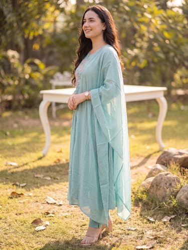 Image of INDO ERA Women's Pure Cotton Embroidered Thread Work Kurta & Pant with Dupatta Set (IEAI13046)