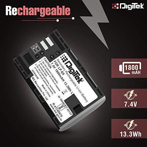 Image of DIGITEK (LP-E6) Secondary Li-ion Rechargeable Battery, 1800mAh, 7.4V, Multi Protection, for Canon XC10, XC15, EOS 60D, 60Da, 70D, 80D, 5D Mark II, III, IV, 5Ds, 5DS R, 6D, 6D Mark II, 7D, 7D Mark II