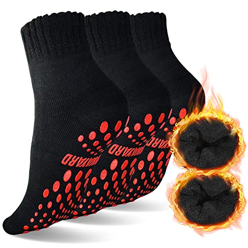NOVAYARD 3 Pairs Slipper Socks Thick Wool Socks Non Slip Hospital Grip Cozy Socks Men Women(Black,Medium)