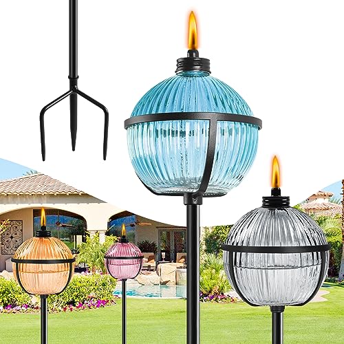 Citronella Torches Set of 4, 16 oz Glass Garden Torches for Outside, 3-Prong Grounded Stake Outdoor Torches, 58 inch Outdoor Decorative Lantern, Green