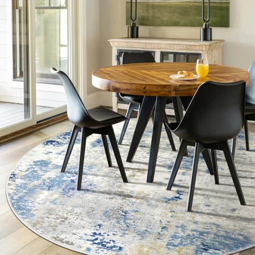 Lahome Washable Round Rug 5Ft, Blue Modern Abstract 5x5 Circle Rugs for Living Room Bedroom, Soft Contemporary Large Indoor Carpet for Kitchen Apartment Basement Home Office