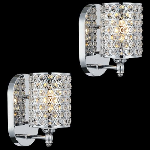 Image of Modern Concise Polyhedral Crystal Shade Wall Sconce Light Fixture,for Bathroom Bedroom Living Room Bedside 2 Pack 1 Light Chrome Finish