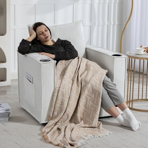 Image of 32 inch Wide Swivel Accent Chair Set of 2 with Cup Holders, White | Comfy Armchair, Side Pockets, Modern Chenille Sofa Couch, Living Room, Bedroom, Corner
