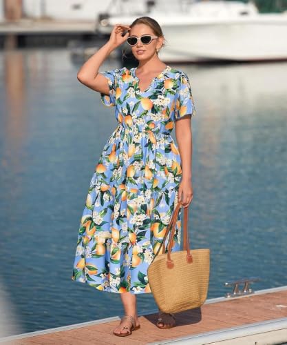 Image of TIYOMI Women Plus Size Dress Boho V Neck Short Sleeve Beach Maxi Dresses Floral /Stripe /Leaves /Lemon XL-5XL