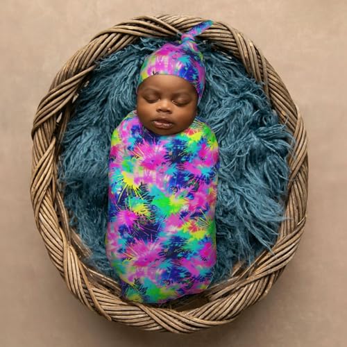 Image of Tie Dye Neon Colors Newborn Swaddle Blankets Hat Sets Soft Baby Receiving Blanket Swaddle Sack for Baby Shower Infant Boy Girl Gift