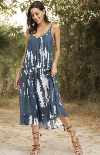 Image of BUENOS NINOS Women's V Neck Floral Maxi Dress Boho Printed Adjustable Spaghetti Strap Ethnic Beach Long Dress with Pockets