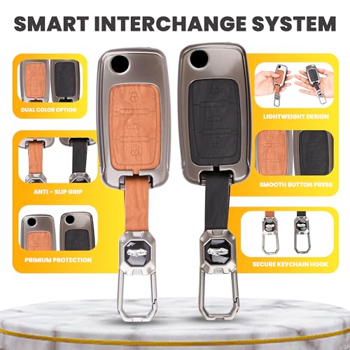 Image of Car Key Cover Compatible with Polo Vento Jetta Ameo Passat and Skoda Rapid Laura Superb Octavia Fabia Yeti 3-Button Smart Flip Key (Dual Leather Metal (Black & Brown))