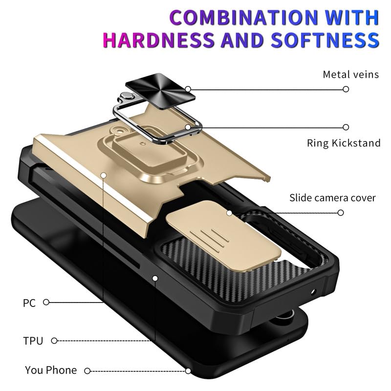 Image of LuxuryKase Shockproof Armor Case for Samsung Galaxy S24 FE | Slide Camera Cover | Hidden Card Slot | Rotating Ring Kickstand | Magnetic Car Mount Support | Military Grade Protection - Gold