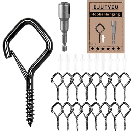 2.36IN Screw Hooks for Hanging Plants, Outdoor String Lights, Bird Feeders, Lanterns – Heavy-Duty Ceiling Hooks with Safety Buckle, Rustproof Metal for Indoor & Outdoor Use (Black, 30 Pcs)