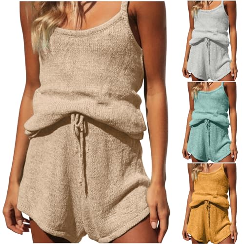 HGps8w Womens Summer Knit 2 Piece Outfits Trendy Striped V Neck Tank Tops and Shorts Matching Vacation Sets with Pockets2