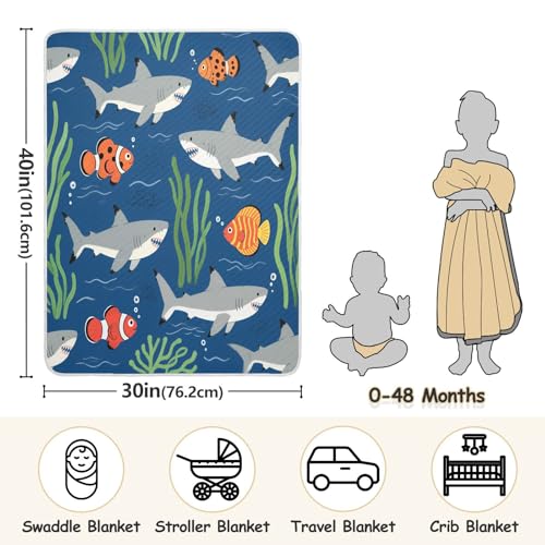 Custom Marine Animal Shark Grass Fish Dark Blue Crib Blanket Soft para personalizados Picture Monogrammed Blankets for Girls or Boys 30x40in mantitas para Bebes recien nacidos3