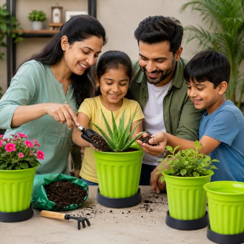 Image of TechHark GreenPlastic Plant Pots with Saucer, Ribbed Style, for Indoor and Outdoor Use, Set of 5