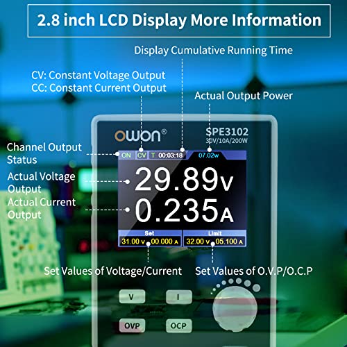 Image of OWON SPE3102 Programmable Lab Power Supply (0-30V 0-10 A), 200w Bench DC Power Supply with 2.8inch LCD Display and Output Enable /Disable Button,Single Channel Output with PC Software and USB Charging