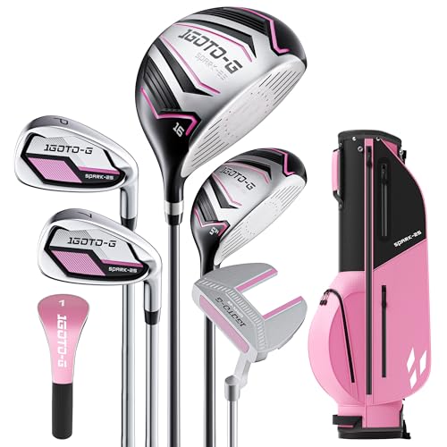 1GoTo-G 7 Pieces Kids Golf Clubs Set - Youth Golf Clubs Junior Set Ages 12-14 Includes Stand Bag 1# Driver 5# Hybrid 7# PW# Irons and Putter Right Hand for Boys Girls
