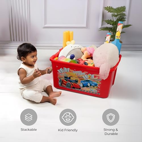 Image of Nayasa Toy Box Big Plastic Storage Box | Multipurpose Stackable Storage Box with Lid and Small Rolling Wheels | Ideal for Organizing Toys & Household Essentials | 50L | Red