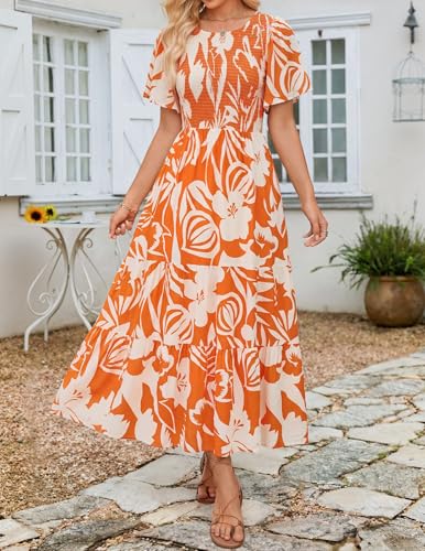 Image of ZESICA Women's 2026 Summer Boho Floral Maxi Dresses Casual Short Flutter Sleeve Smocked Tiered Flowy Dress