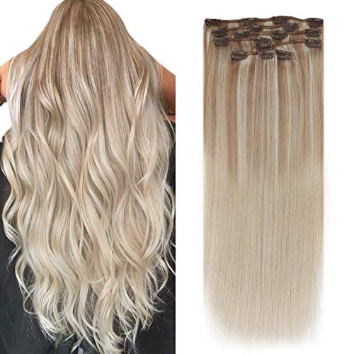 VeSunny Blonde Ombre Clip in Extensions Real Human Hair Dip Dye Color Golden Blonde Mix Bleach Blonde Balayage Clip in Human Hair Extensions With Salon Style 14inch 7pcs/120g