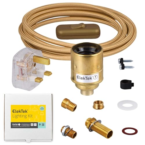 ElekTek Premium Lamp Kit Brass Plain E27 Lamp Holder with Round Gold Flex, In Line Switch and 3A UK Plug