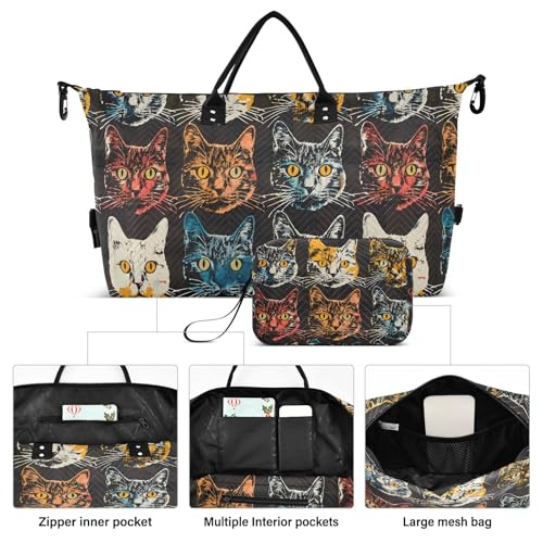 Cat Travel Duffle Bag Gym Bag, Cats Head Print Weekender Bags for Women with Toiletry Bag Travel Tote Bag Swim Bag2