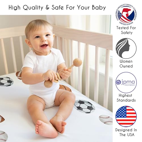 Image of Sweet Jojo Designs Fitted Baby Crib Sheets (Vintage Sports Theme) for Boys, Infant Nursery, Toddler Room - Standard Size (Photo Op, Sport Themed, Soccer Balls, Football, Baseball, Basketball, Stars)