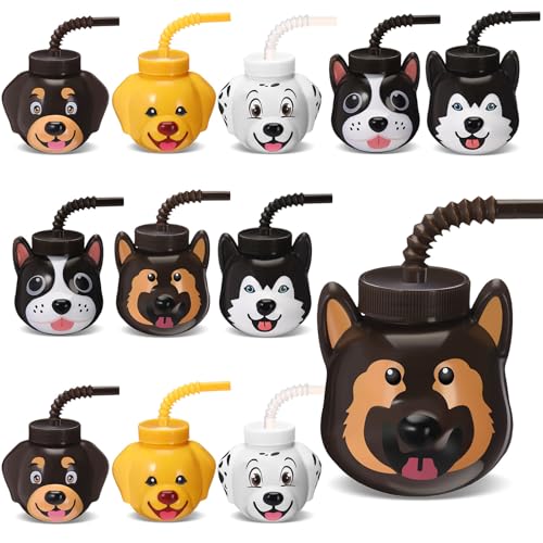 Sratte 24 Pcs Pet Dog Party Favor Gift Supplies Pet Dog Cups Straws with Lids 10 oz Cute Print Plastic Puppy Straw Cup Bulk for Kids Birthday Puppy Theme Party Baby Shower Supplies