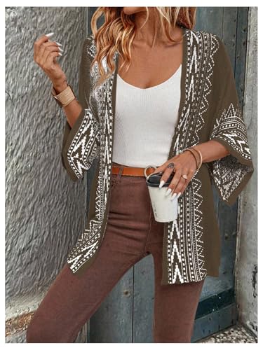 Image of WDIRARA Women's Tribal Boho Cardigans Open Front Knit Lightweight Short Sleeve Kimonos Sweater