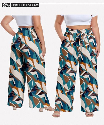 Image of OLRIK Women's Plus Size Pants Adjustable High Waisted Wide Leg Palazzo Pants Casual Trousers with Pockets Spring Clothes
