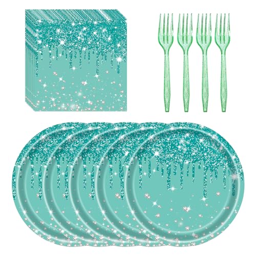 72 Pcs Teal Glitter Paper Plates 7in Disposable Paper Dessert Plates Napkins and Forks Party Tableware Set Happy Birthday Table Decorations for 24 Guests Blue Green Silver Birthday Wedding Theme Party